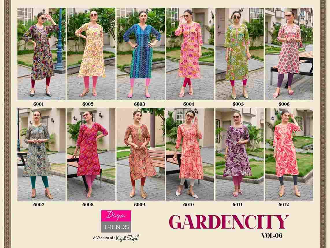 Gardencity Vol-6 By Diya Trends 6001 To 6012 Series Designer Stylish Fancy Colorful Beautiful Party Wear & Ethnic Wear Collection Rayon Print Kurtis At Wholesale Price