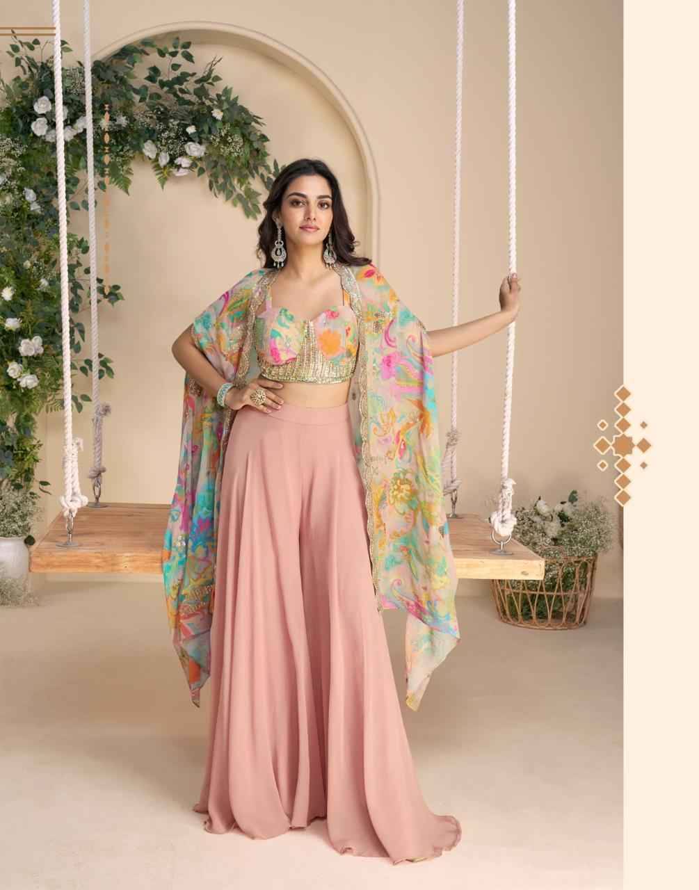 Wonaya By Sayuri 10050 To 10053 Series Designer Beautiful Festive Collection Occasional Wear & Party Wear Chinnon Silk Crop Top With Bottom At Wholesale Price