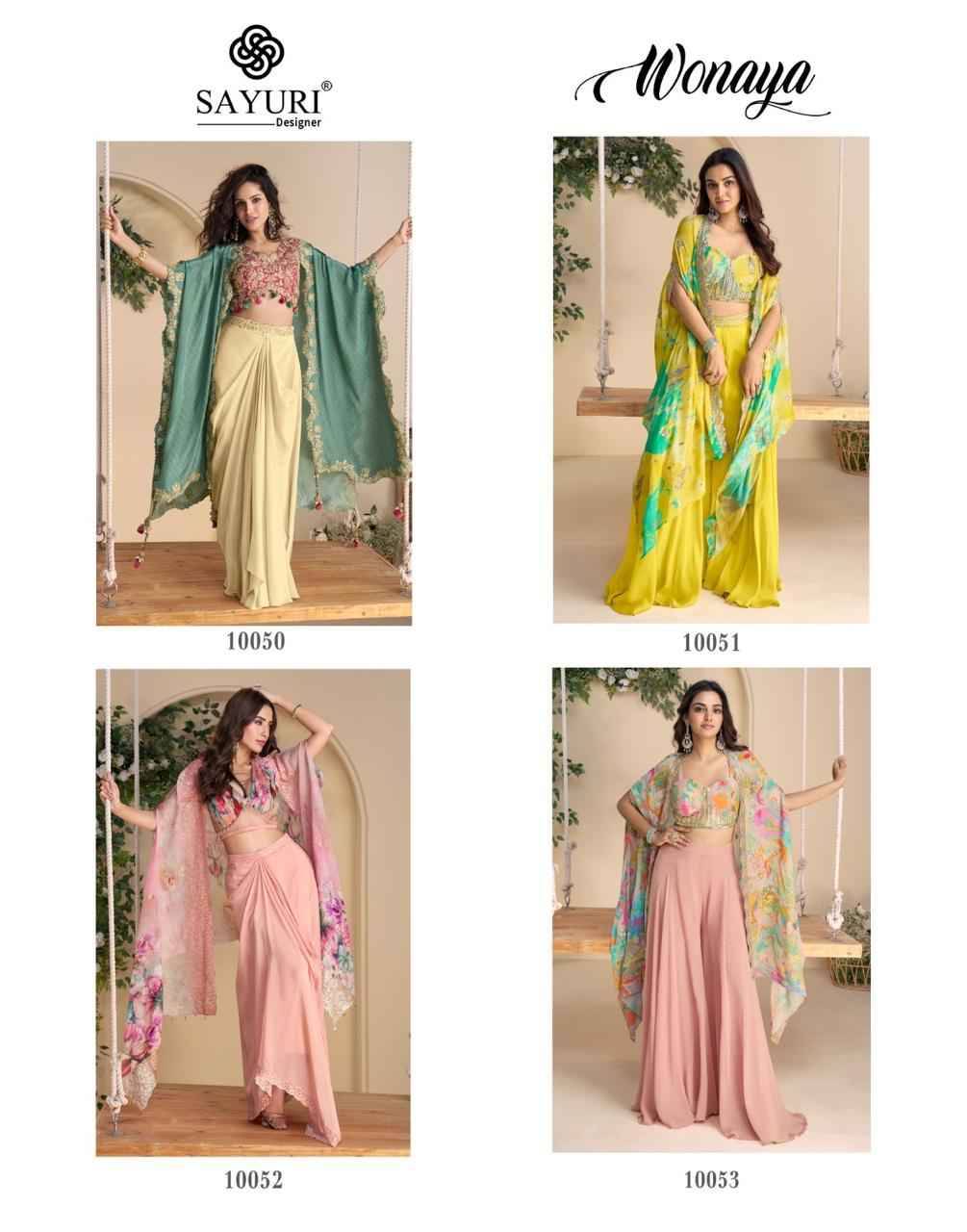 Wonaya By Sayuri 10050 To 10053 Series Designer Beautiful Festive Collection Occasional Wear & Party Wear Chinnon Silk Crop Top With Bottom At Wholesale Price