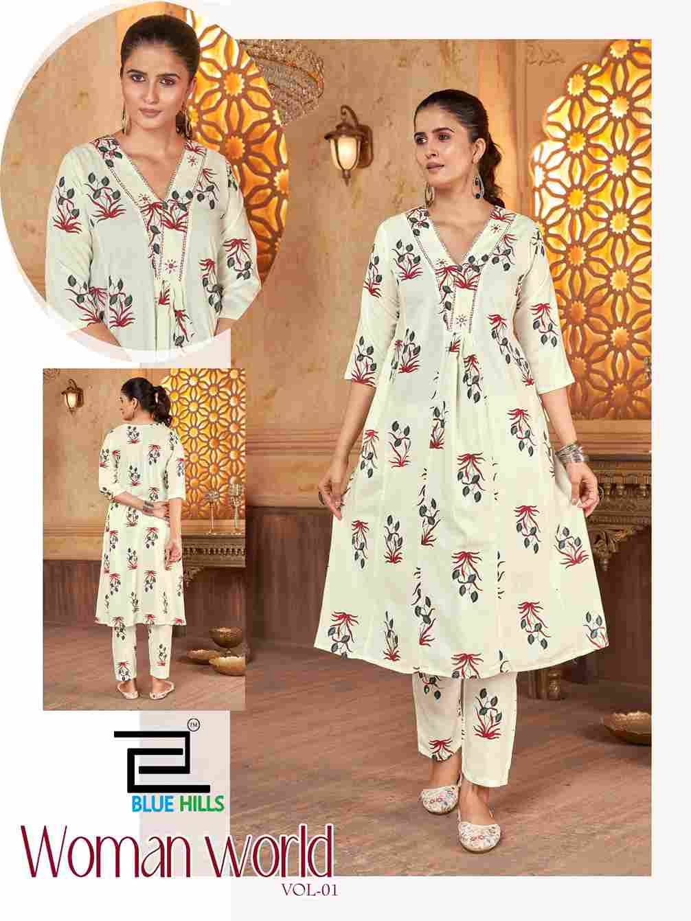 Woman World Vol-1 By Blue Hills 1001 To 1004 Series Designer Stylish Fancy Colorful Beautiful Party Wear & Ethnic Wear Collection Rayon Print Kurtis With Bottom At Wholesale Price
