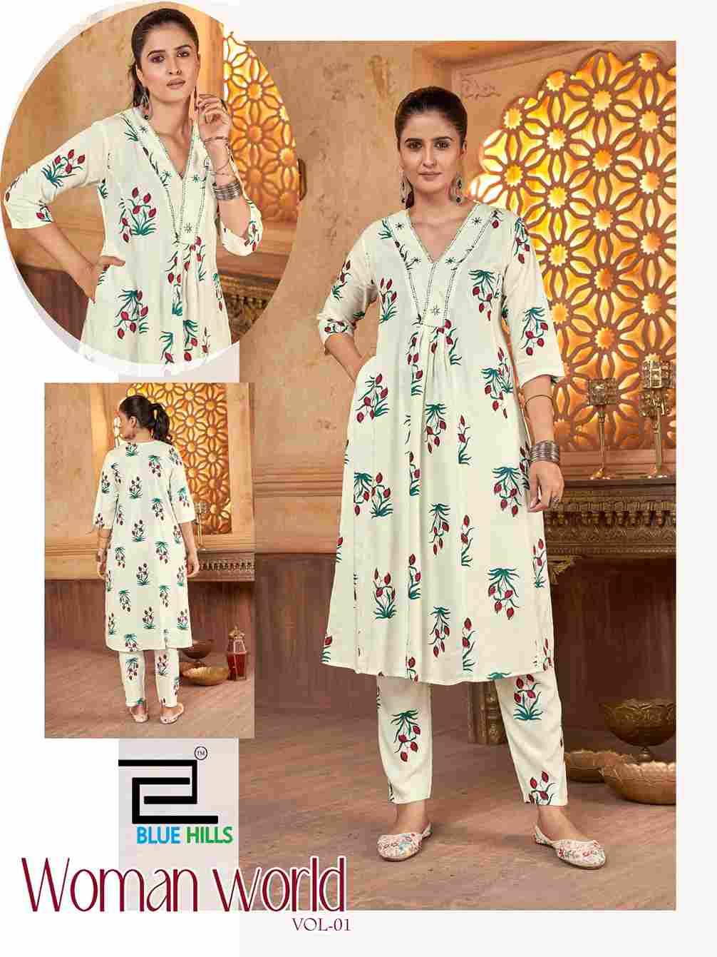 Woman World Vol-1 By Blue Hills 1001 To 1004 Series Designer Stylish Fancy Colorful Beautiful Party Wear & Ethnic Wear Collection Rayon Print Kurtis With Bottom At Wholesale Price