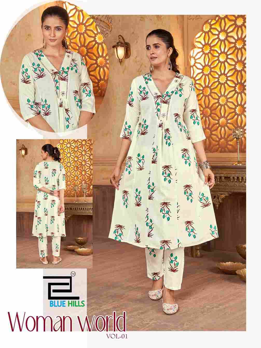 Woman World Vol-1 By Blue Hills 1001 To 1004 Series Designer Stylish Fancy Colorful Beautiful Party Wear & Ethnic Wear Collection Rayon Print Kurtis With Bottom At Wholesale Price