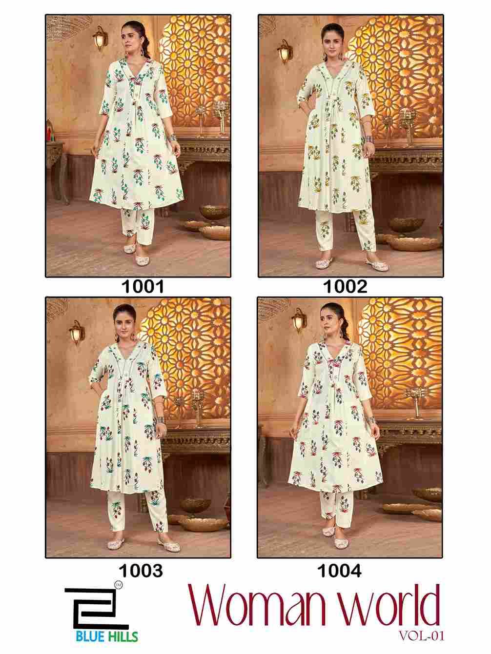 Woman World Vol-1 By Blue Hills 1001 To 1004 Series Designer Stylish Fancy Colorful Beautiful Party Wear & Ethnic Wear Collection Rayon Print Kurtis With Bottom At Wholesale Price