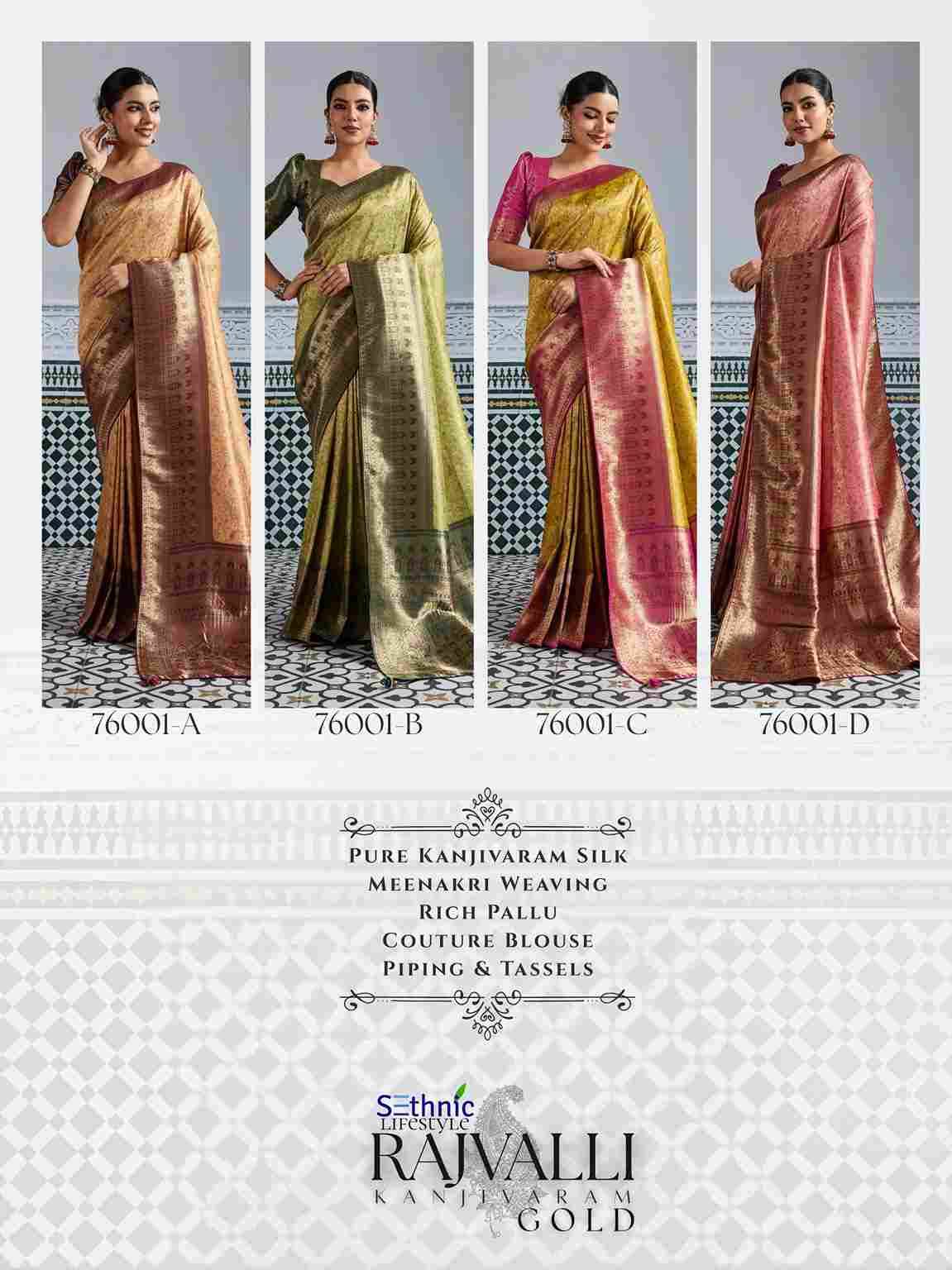 Rajvalli Gold By Sethnic 76001-A To 76001-D Series Indian Traditional Wear Collection Beautiful Stylish Fancy Colorful Party Wear & Occasional Wear Kanjivaram Silk Sarees At Wholesale Price