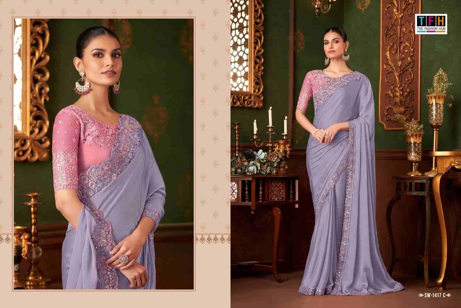Sandalwood 1417 Colours By TFH 1417-A To 1417-F Series Indian Traditional Wear Collection Beautiful Stylish Fancy Colorful Party Wear & Occasional Wear Chiffon Silk Sarees At Wholesale Price