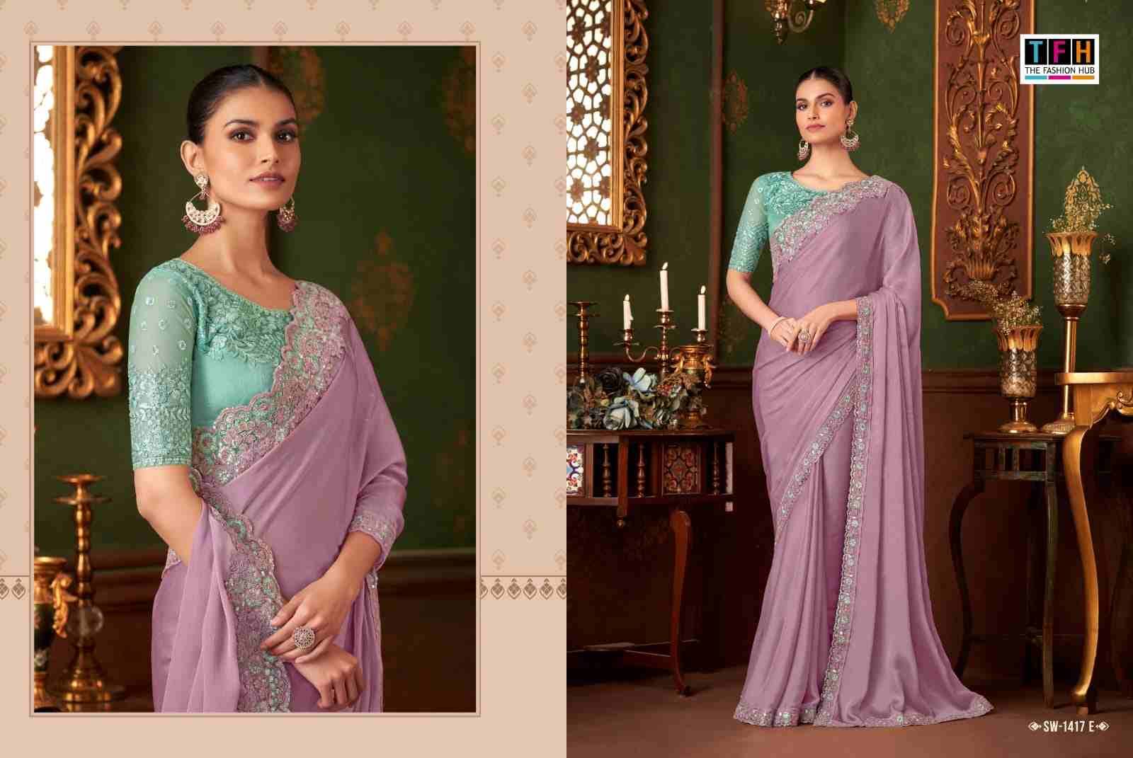 Sandalwood 1417 Colours By TFH 1417-A To 1417-F Series Indian Traditional Wear Collection Beautiful Stylish Fancy Colorful Party Wear & Occasional Wear Chiffon Silk Sarees At Wholesale Price