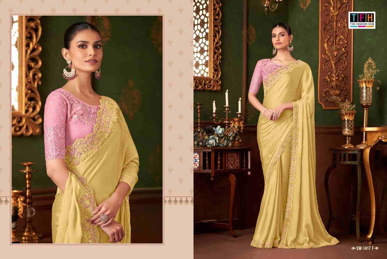 Sandalwood 1417 Colours By TFH 1417-A To 1417-F Series Indian Traditional Wear Collection Beautiful Stylish Fancy Colorful Party Wear & Occasional Wear Chiffon Silk Sarees At Wholesale Price