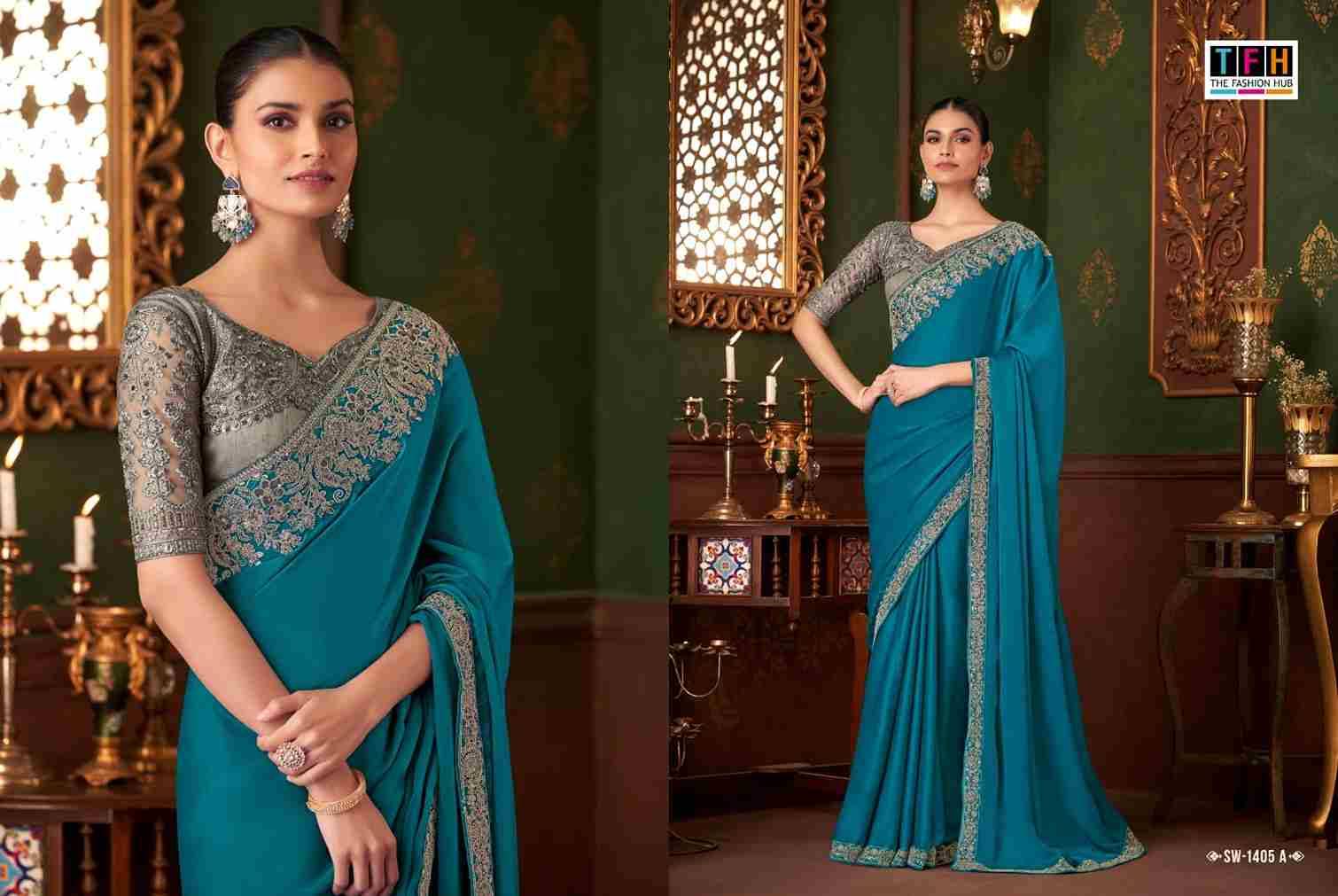 Sandalwood 1405 Colours By TFH 1405-A To 1405-F Series Indian Traditional Wear Collection Beautiful Stylish Fancy Colorful Party Wear & Occasional Wear Chiffon Silk Sarees At Wholesale Price