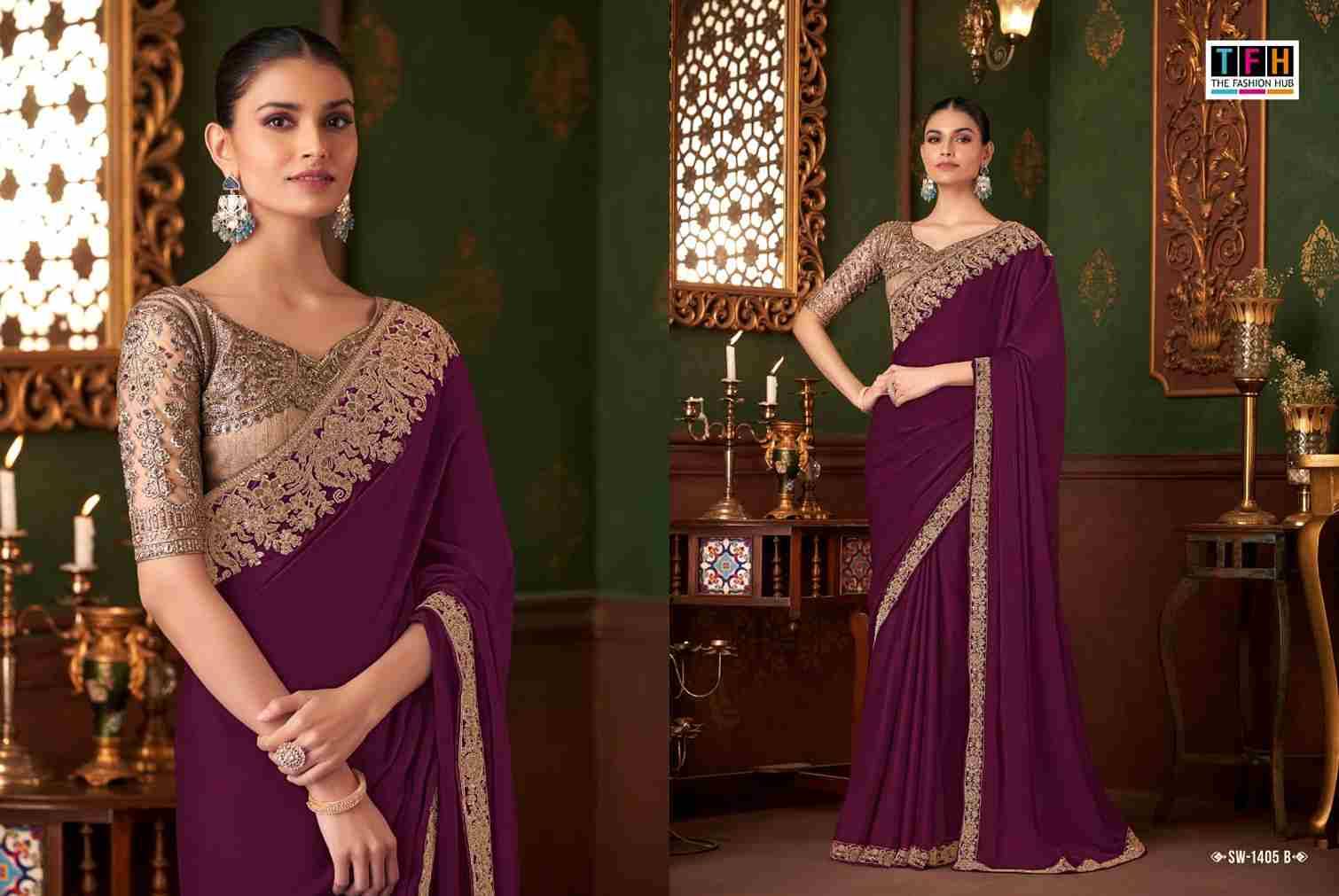 Sandalwood 1405 Colours By TFH 1405-A To 1405-F Series Indian Traditional Wear Collection Beautiful Stylish Fancy Colorful Party Wear & Occasional Wear Chiffon Silk Sarees At Wholesale Price