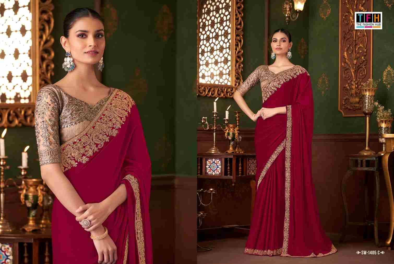 Sandalwood 1405 Colours By TFH 1405-A To 1405-F Series Indian Traditional Wear Collection Beautiful Stylish Fancy Colorful Party Wear & Occasional Wear Chiffon Silk Sarees At Wholesale Price