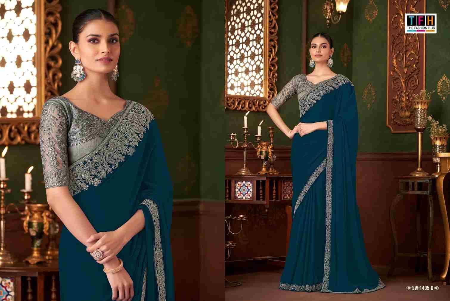 Sandalwood 1405 Colours By TFH 1405-A To 1405-F Series Indian Traditional Wear Collection Beautiful Stylish Fancy Colorful Party Wear & Occasional Wear Chiffon Silk Sarees At Wholesale Price