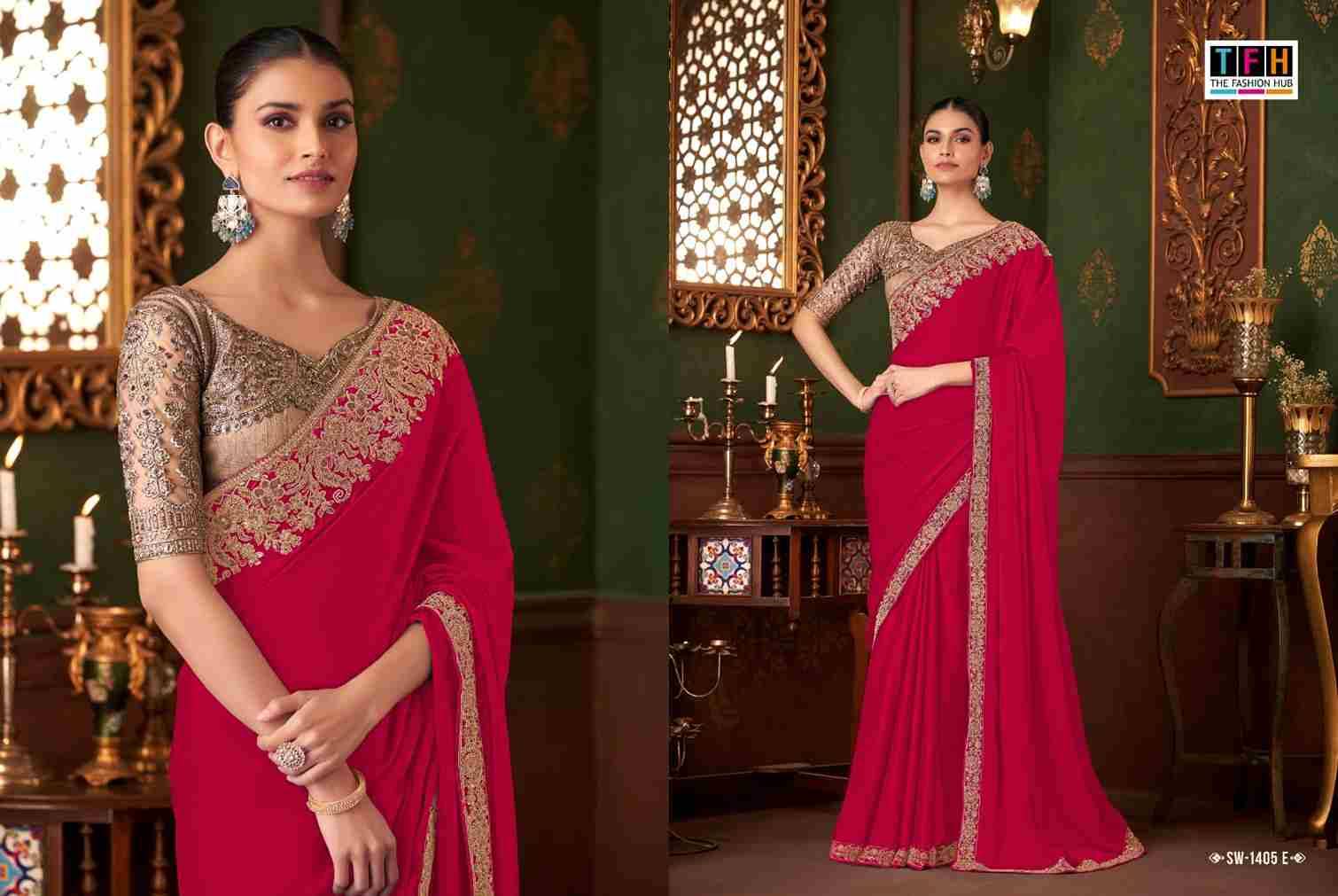 Sandalwood 1405 Colours By TFH 1405-A To 1405-F Series Indian Traditional Wear Collection Beautiful Stylish Fancy Colorful Party Wear & Occasional Wear Chiffon Silk Sarees At Wholesale Price