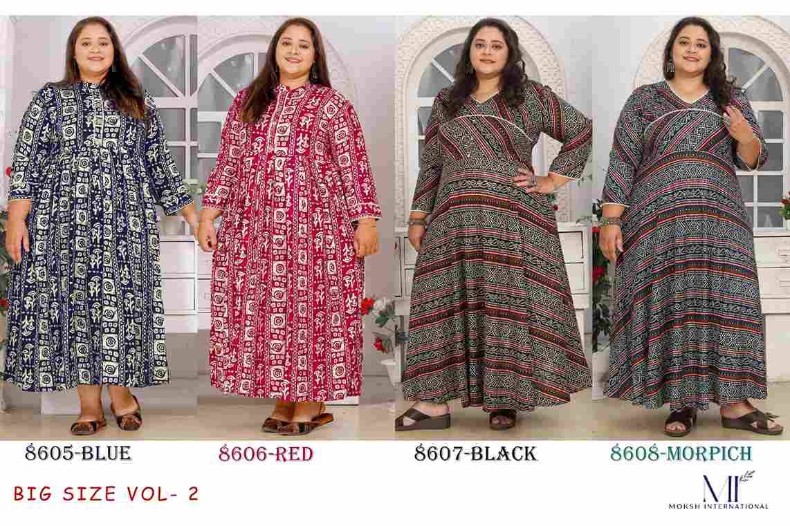 Big Size Vol-2 By Moksh International 8605 To 8608 Series Designer Stylish Fancy Colorful Beautiful Party Wear & Ethnic Wear Collection Rayon Print Kurtis At Wholesale Price