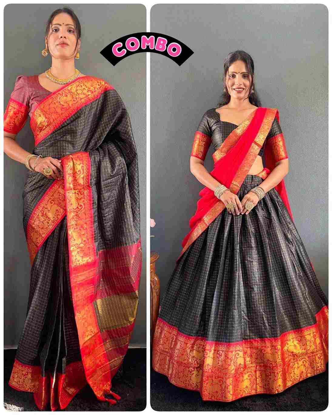 Ab-Checks Combo By Fashid Wholesale 01 To 08 Series Indian Traditional Wear Collection Beautiful Stylish Fancy Colorful Party Wear & Occasional Wear Cotton Silk Sarees With Cotton Lehenga At Wholesale Price