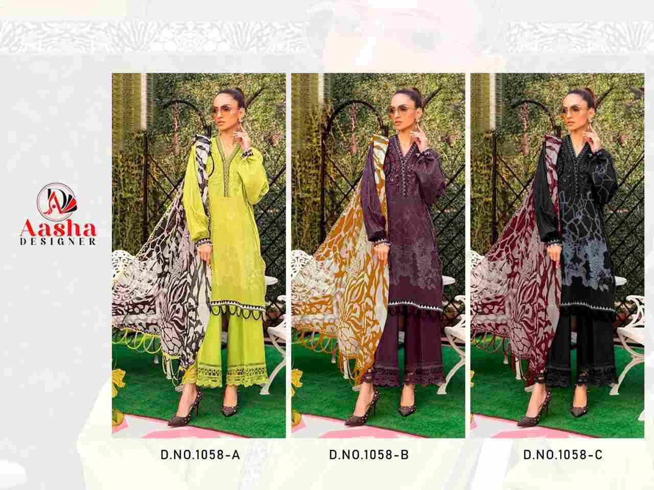 Aasha 1058 Colours By Aasha Designer 1058-A To 1058-C Series Pakistani Suits Beautiful Fancy Colorful Stylish Party Wear & Occasional Wear Pure Cotton Embroidery Dresses At Wholesale Price