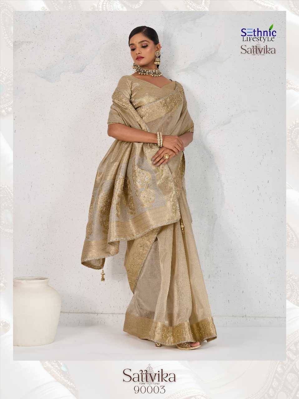 Sattvika By Sethnic 90001 To 90004 Series Indian Traditional Wear Collection Beautiful Stylish Fancy Colorful Party Wear & Occasional Wear Tissue Linen Sarees At Wholesale Price