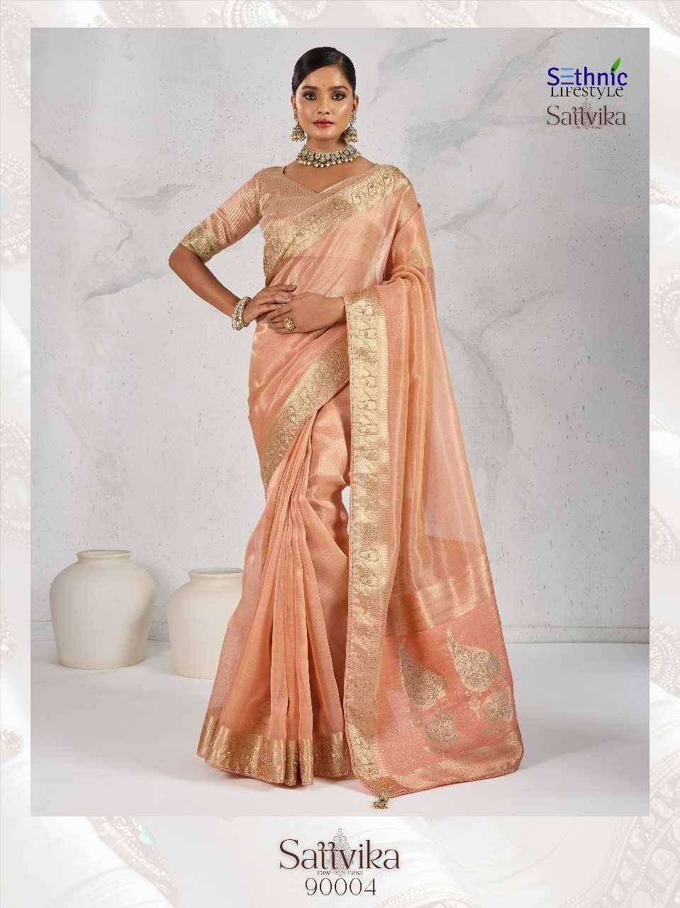 Sattvika By Sethnic 90001 To 90004 Series Indian Traditional Wear Collection Beautiful Stylish Fancy Colorful Party Wear & Occasional Wear Tissue Linen Sarees At Wholesale Price