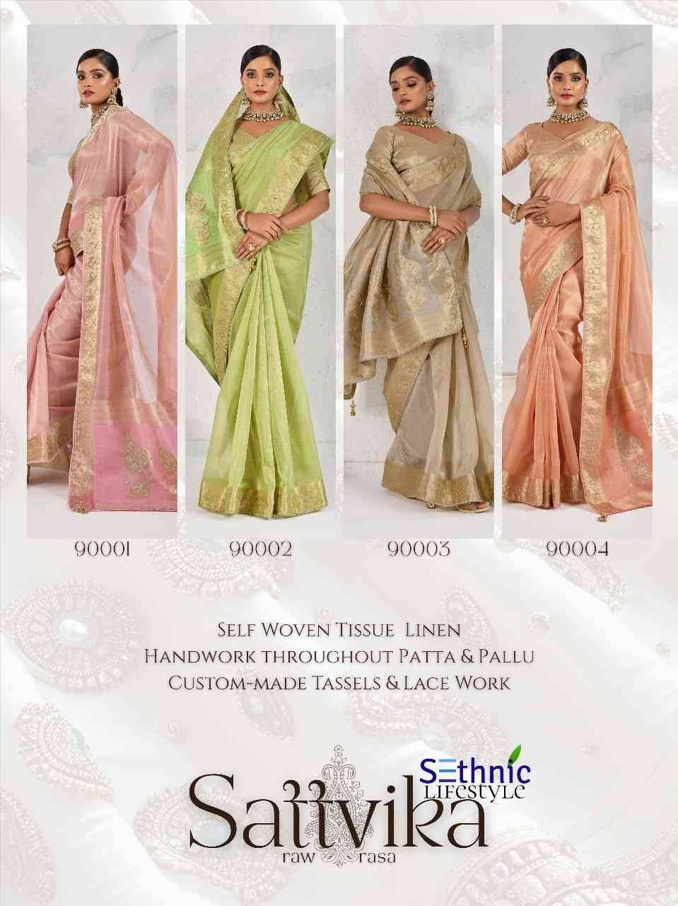 Sattvika By Sethnic 90001 To 90004 Series Indian Traditional Wear Collection Beautiful Stylish Fancy Colorful Party Wear & Occasional Wear Tissue Linen Sarees At Wholesale Price