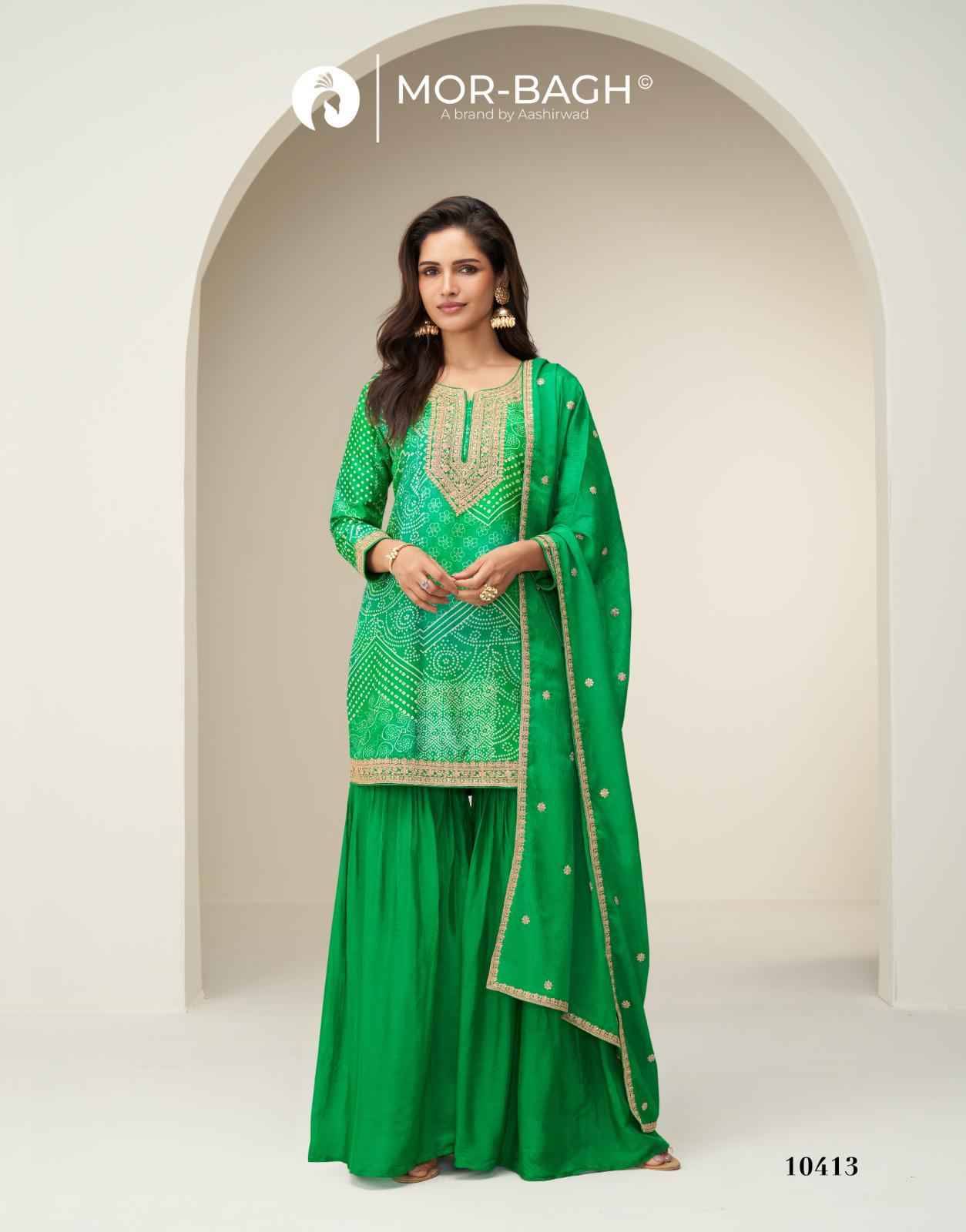 Kimaya By Mor-Bagh 10313 To 10315 Series Beautiful Sharara Suits Colorful Stylish Fancy Casual Wear & Ethnic Wear Chinnon Silk With Work Dresses At Wholesale Price
