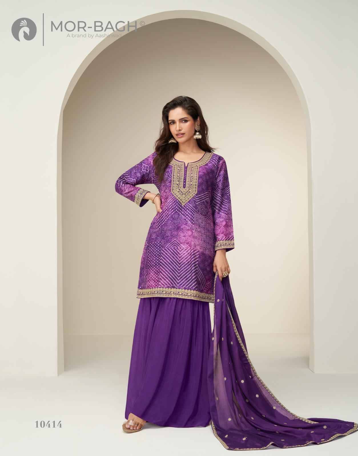 Kimaya By Mor-Bagh 10313 To 10315 Series Beautiful Sharara Suits Colorful Stylish Fancy Casual Wear & Ethnic Wear Chinnon Silk With Work Dresses At Wholesale Price
