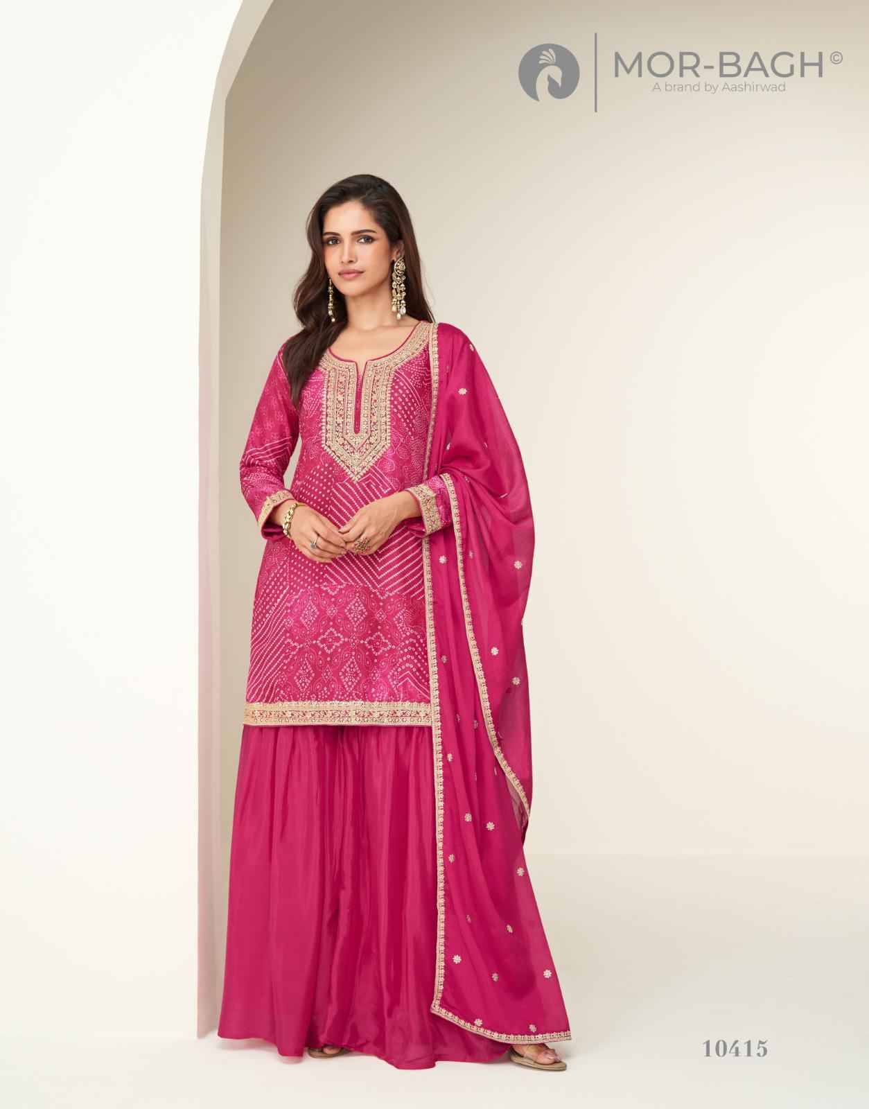 Kimaya By Mor-Bagh 10313 To 10315 Series Beautiful Sharara Suits Colorful Stylish Fancy Casual Wear & Ethnic Wear Chinnon Silk With Work Dresses At Wholesale Price