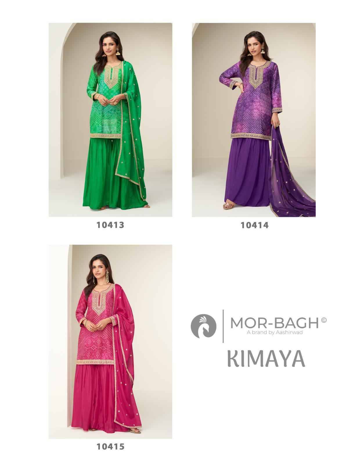 Kimaya By Mor-Bagh 10313 To 10315 Series Beautiful Sharara Suits Colorful Stylish Fancy Casual Wear & Ethnic Wear Chinnon Silk With Work Dresses At Wholesale Price