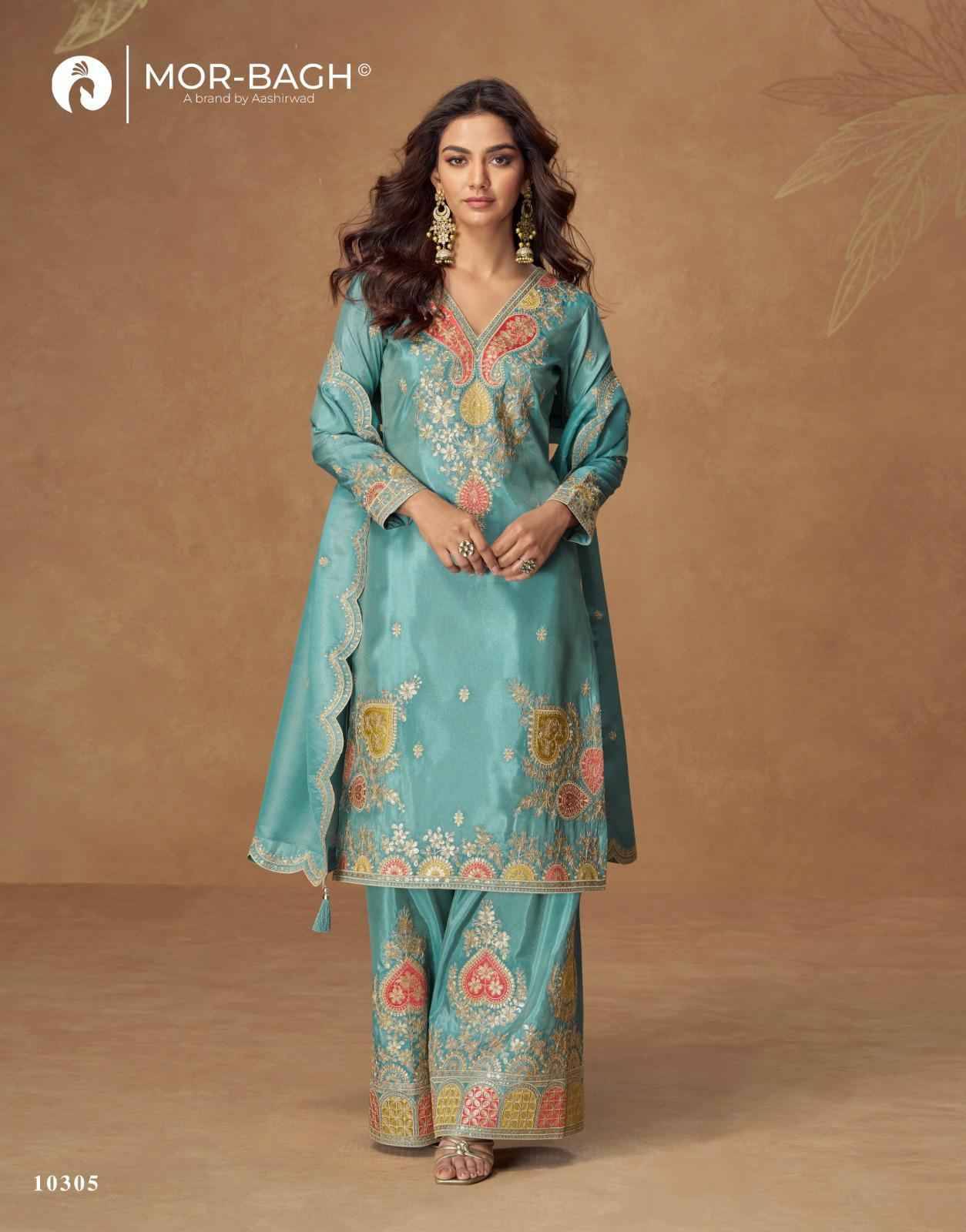Kashvi By Mor-Bagh 10303 To 10306 Series Beautiful Sharara Suits Colorful Stylish Fancy Casual Wear & Ethnic Wear Simar Silk With Work Dresses At Wholesale Price