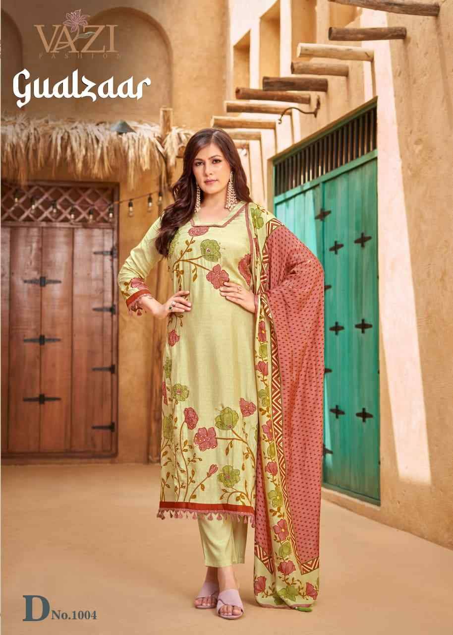 Gualzaar By Vazi 1001 To 1004 Series Beautiful Festive Suits Colorful Stylish Fancy Casual Wear & Ethnic Wear Viscose Muslin Dresses At Wholesale Price