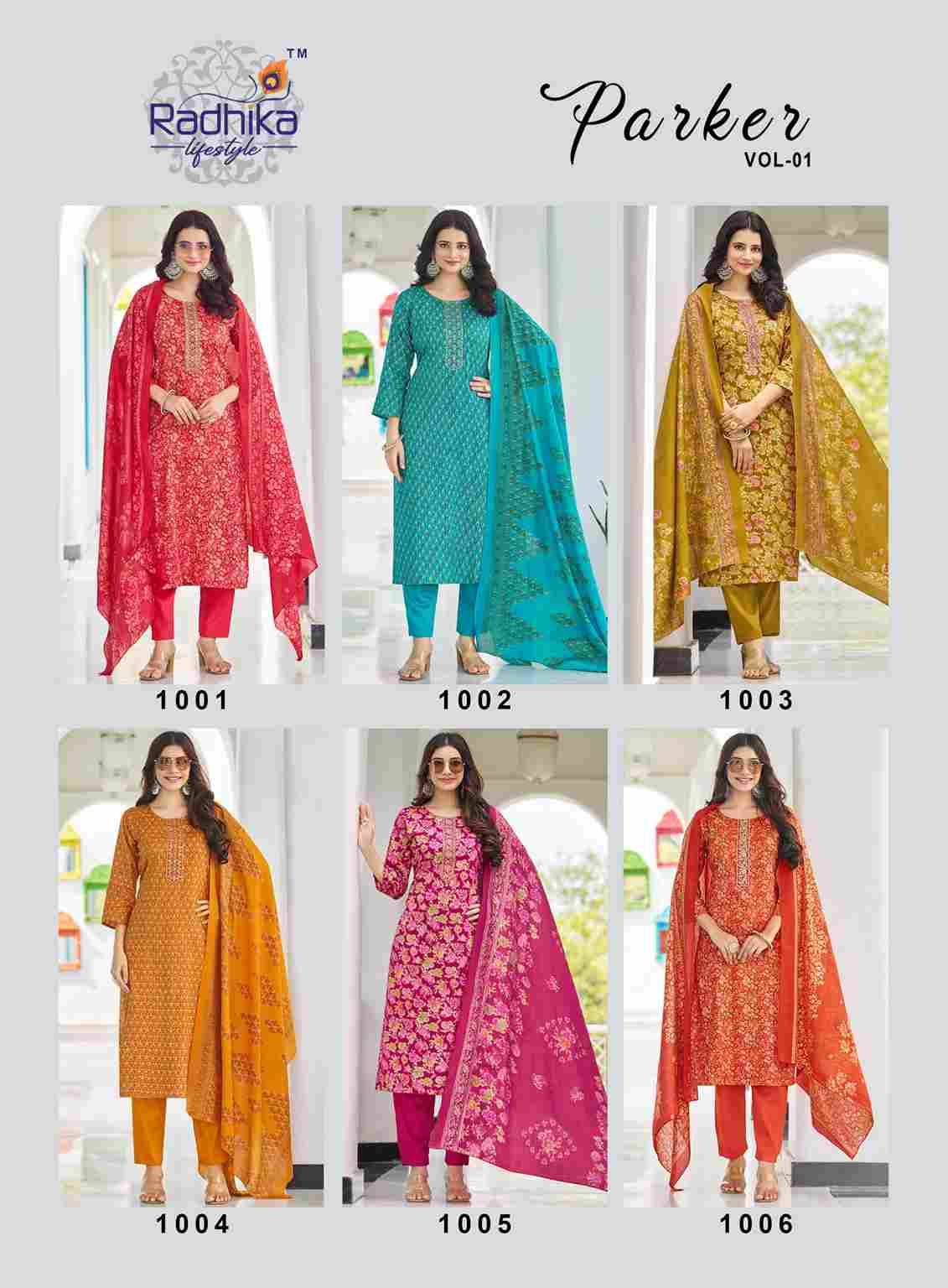 Parker Vol-1 By Radhika Lifestyle 1001 To 1006 Series Beautiful Festive Suits Colorful Stylish Fancy Casual Wear & Ethnic Wear Jam Satin With Work Dresses At Wholesale Price