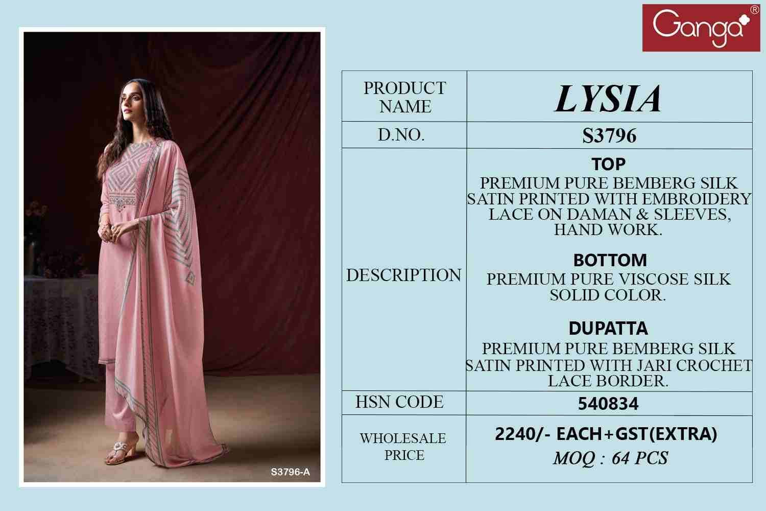 Lysia-3796 By Ganga Fashion 3796-A To 3796-B Series Beautiful Festive Suits Colorful Stylish Fancy Casual Wear & Ethnic Wear Pure Bemberg Silk Dresses At Wholesale Price