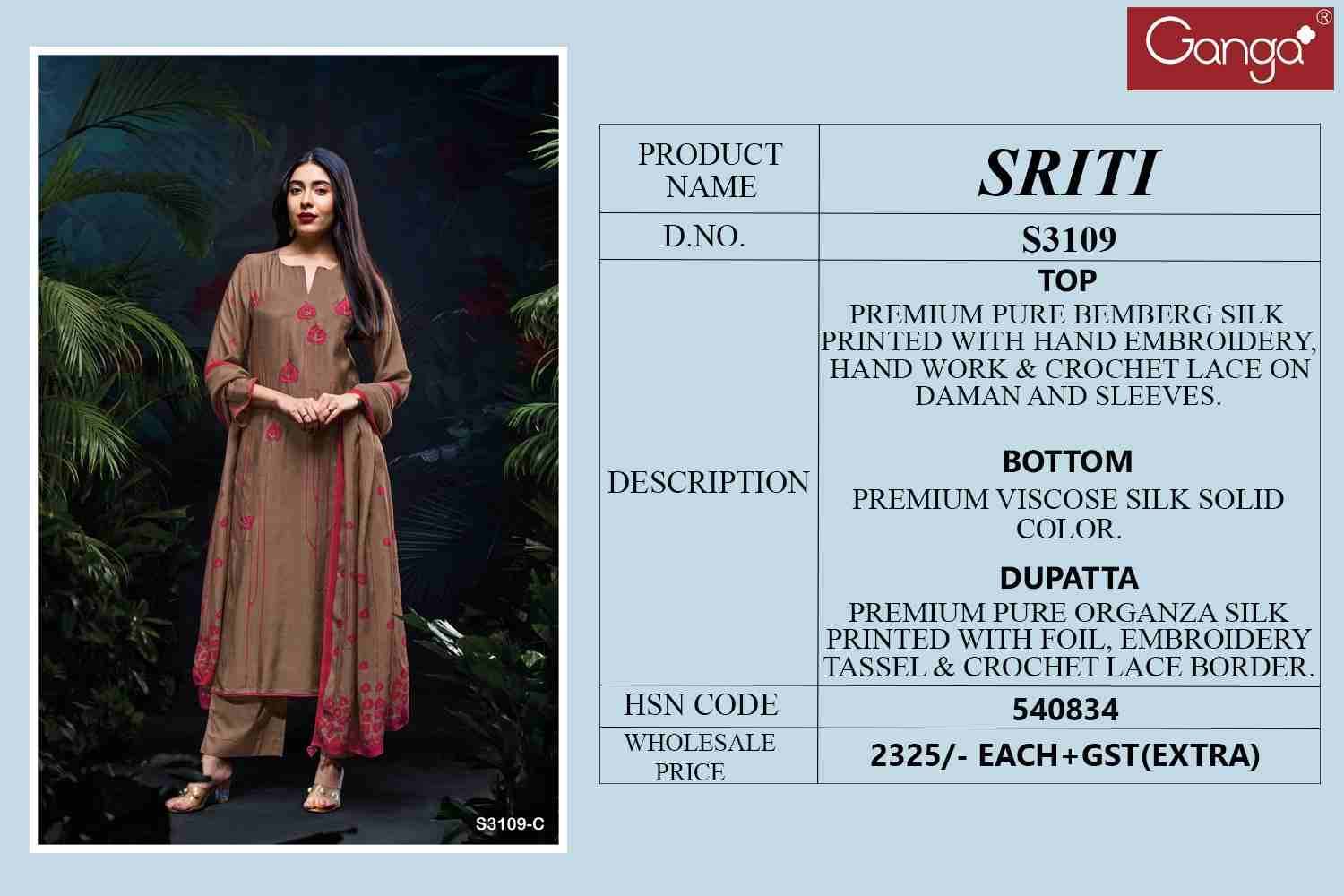 Sriti-3109 By Ganga Fashion 3109-A To 3109-D Series Beautiful Festive Suits Colorful Stylish Fancy Casual Wear & Ethnic Wear Pure Bemberg Silk Dresses At Wholesale Price