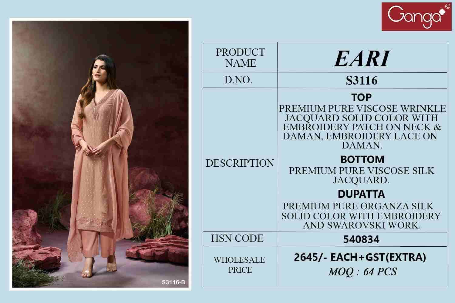 Eari-3116 By Ganga Fashion 3116-A To 3116-B Series Beautiful Festive Suits Colorful Stylish Fancy Casual Wear & Ethnic Wear Pure Viscose Jacquard Dresses At Wholesale Price