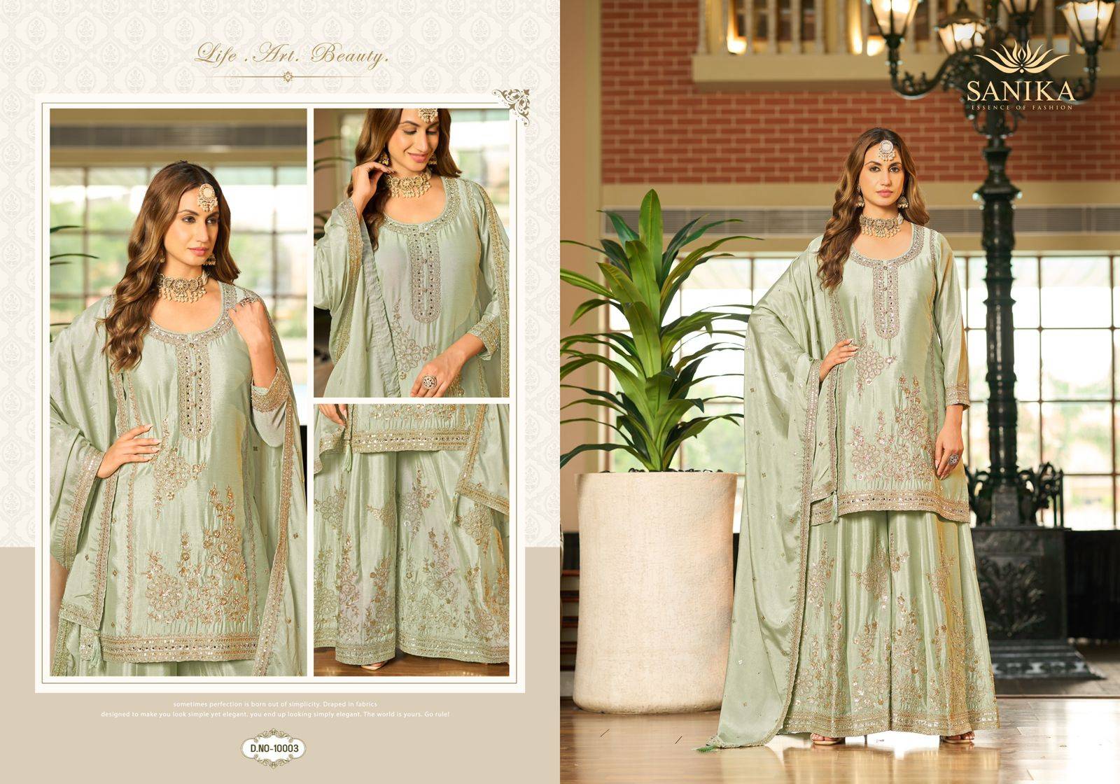 Nazrana By Sanika 10001 To 10003 Series Designer Sharara Suits Collection Beautiful Stylish Fancy Colorful Party Wear & Occasional Wear Chinnon Silk Dresses At Wholesale Price
