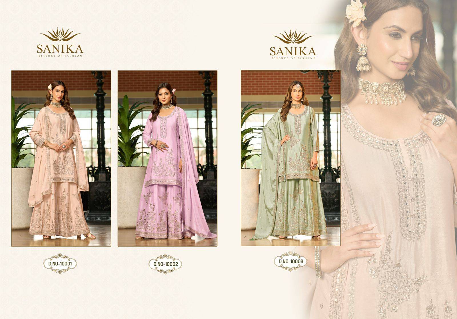 Nazrana By Sanika 10001 To 10003 Series Designer Sharara Suits Collection Beautiful Stylish Fancy Colorful Party Wear & Occasional Wear Chinnon Silk Dresses At Wholesale Price
