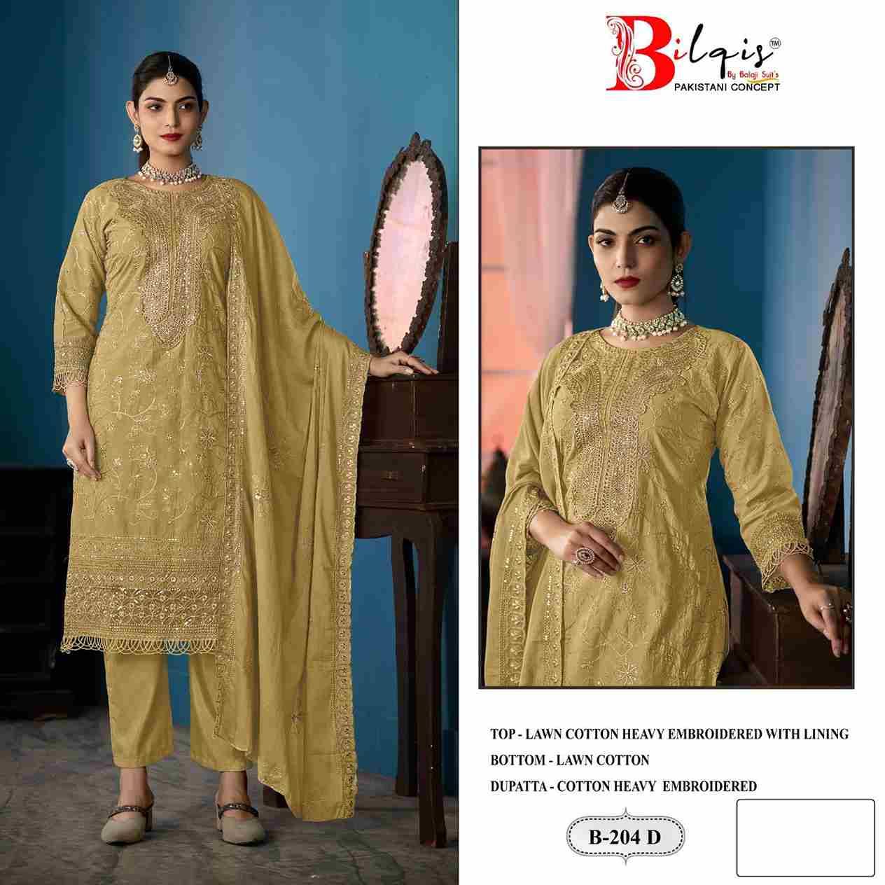 Bilqis 204 Colours By Bilqis 204-A To 204-D Series Beautiful Pakistani Suits Stylish Fancy Colorful Party Wear & Occasional Wear Cotton Lawn Embroidery Dresses At Wholesale Price