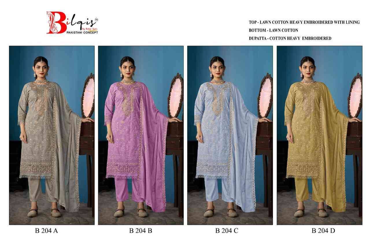 Bilqis 204 Colours By Bilqis 204-A To 204-D Series Beautiful Pakistani Suits Stylish Fancy Colorful Party Wear & Occasional Wear Cotton Lawn Embroidery Dresses At Wholesale Price