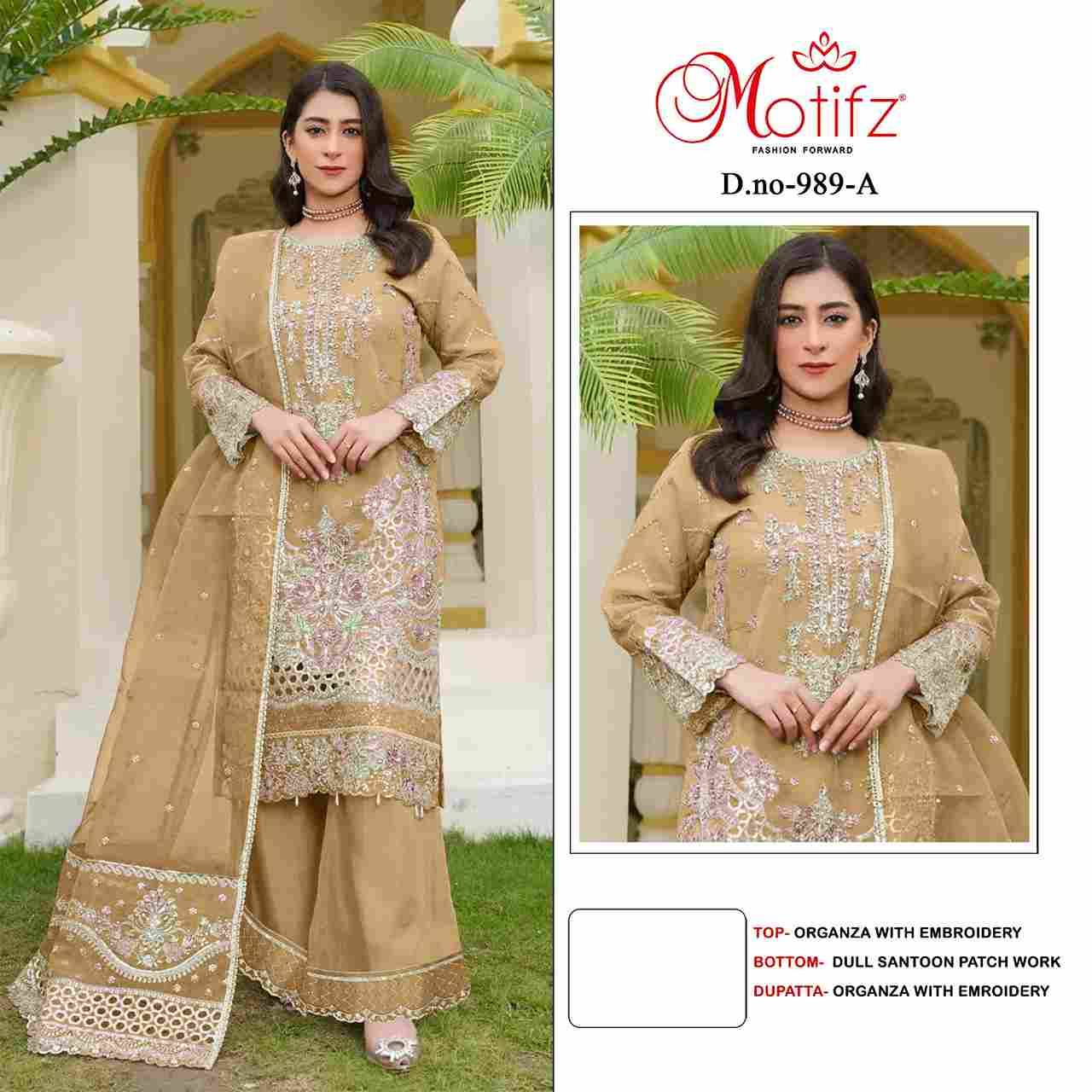 Motifz Hit Design 989 Colours By Motifz 989-A To 989-D Series Beautiful Pakistani Suits Colorful Stylish Fancy Casual Wear & Ethnic Wear Organza Dresses At Wholesale Price