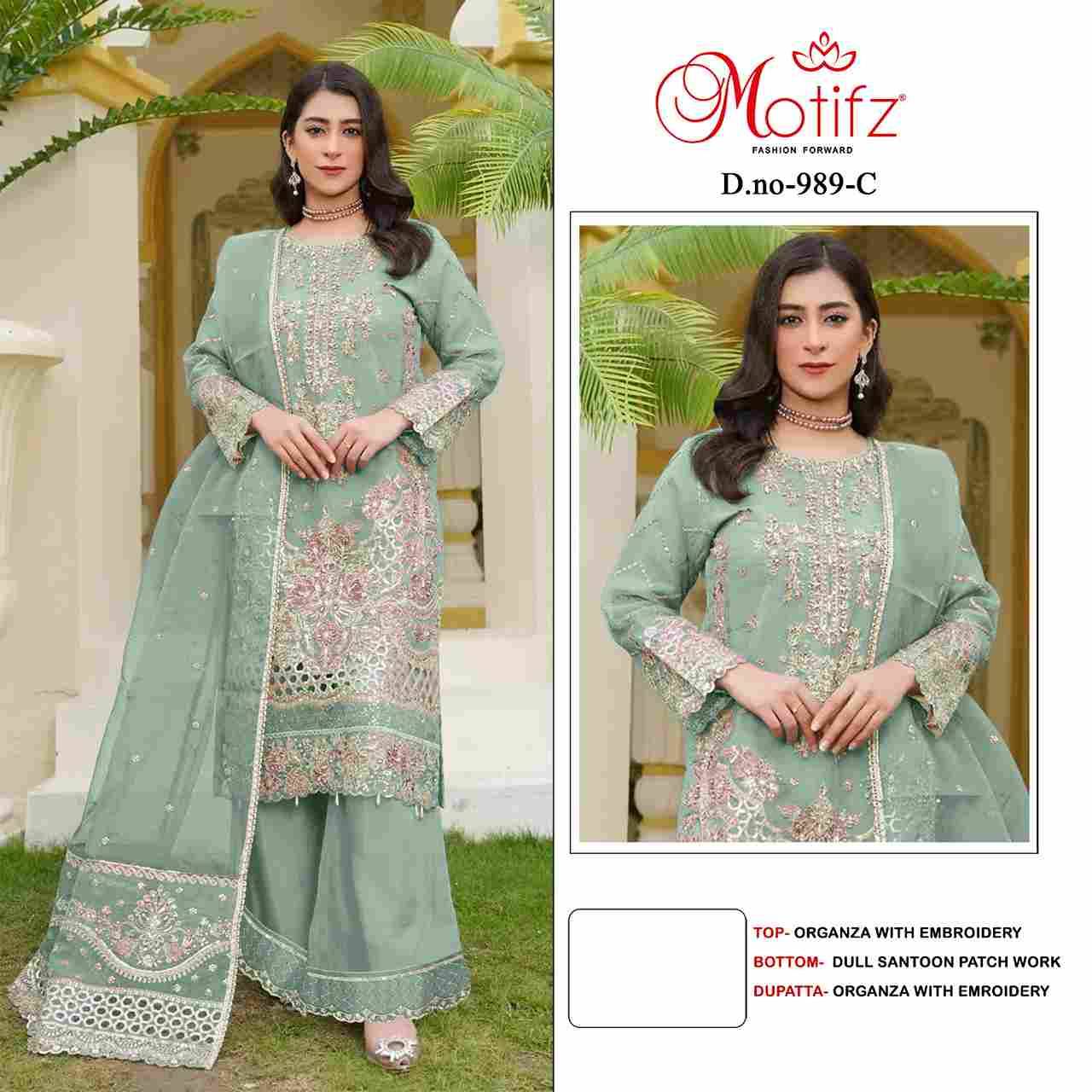 Motifz Hit Design 989 Colours By Motifz 989-A To 989-D Series Beautiful Pakistani Suits Colorful Stylish Fancy Casual Wear & Ethnic Wear Organza Dresses At Wholesale Price