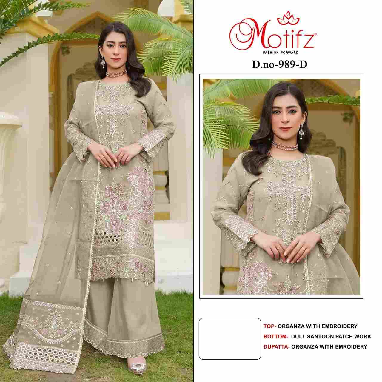 Motifz Hit Design 989 Colours By Motifz 989-A To 989-D Series Beautiful Pakistani Suits Colorful Stylish Fancy Casual Wear & Ethnic Wear Organza Dresses At Wholesale Price