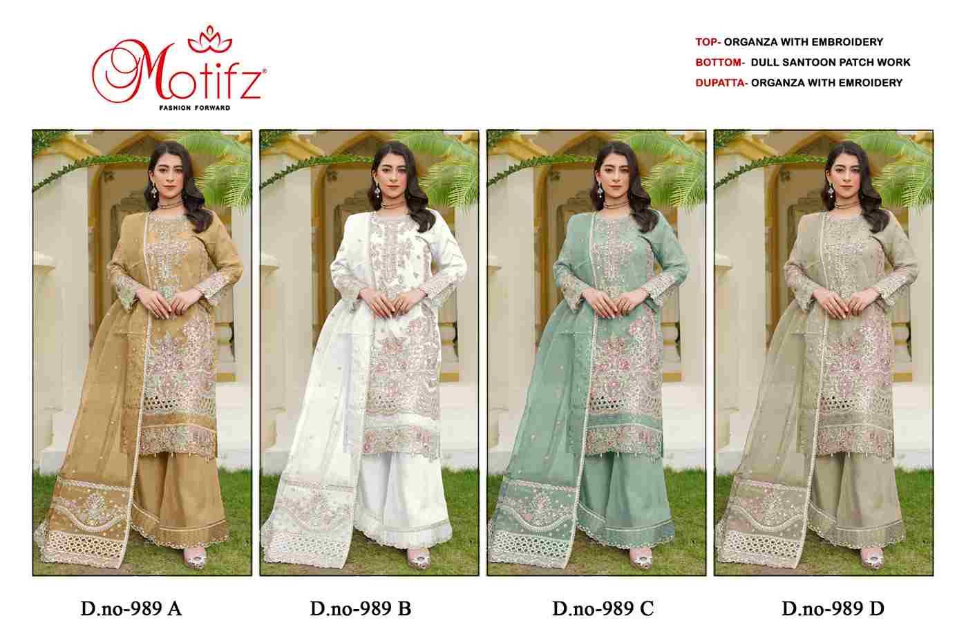 Motifz Hit Design 989 Colours By Motifz 989-A To 989-D Series Beautiful Pakistani Suits Colorful Stylish Fancy Casual Wear & Ethnic Wear Organza Dresses At Wholesale Price
