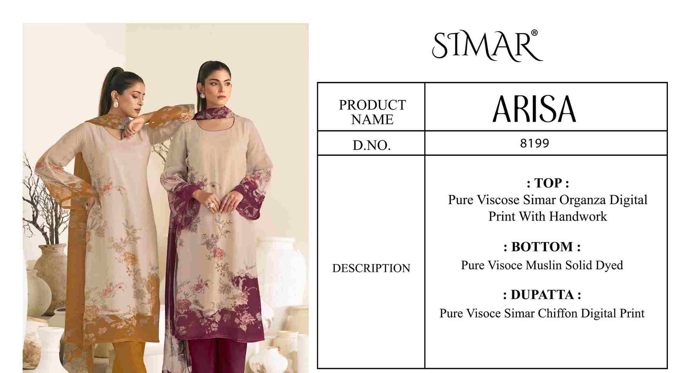 Arisa By Simar 8199-A To 8199-D Series Designer Festive Suits Beautiful Stylish Fancy Colorful Party Wear & Occasional Wear Pure Viscose Organza Dresses At Wholesale Price