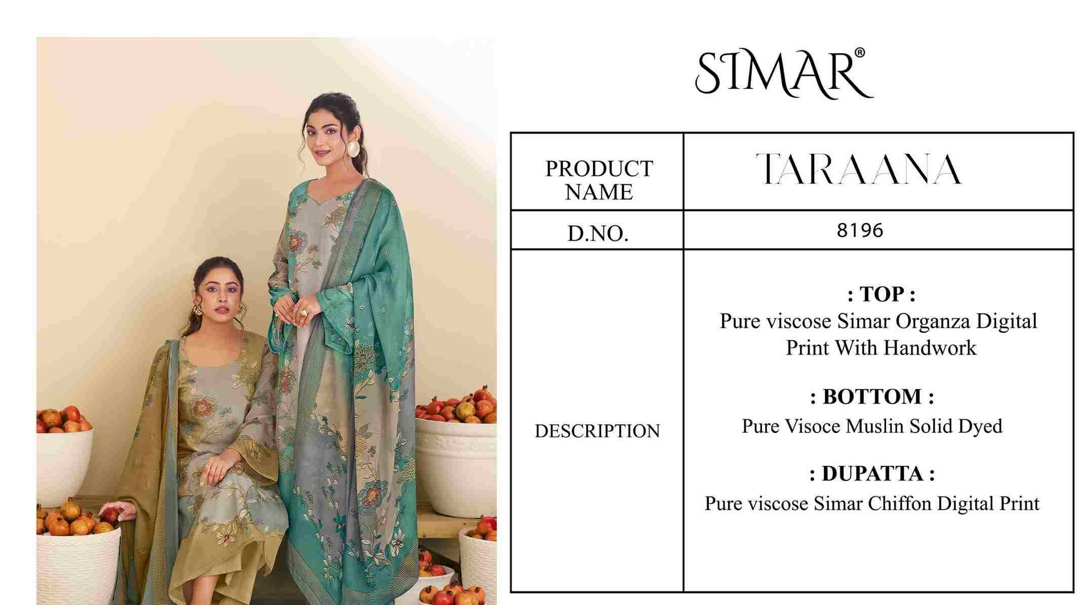 Taraana By Simar 8196-A To 8196-D Series Designer Festive Suits Beautiful Stylish Fancy Colorful Party Wear & Occasional Wear Pure Viscose Organza Dresses At Wholesale Price