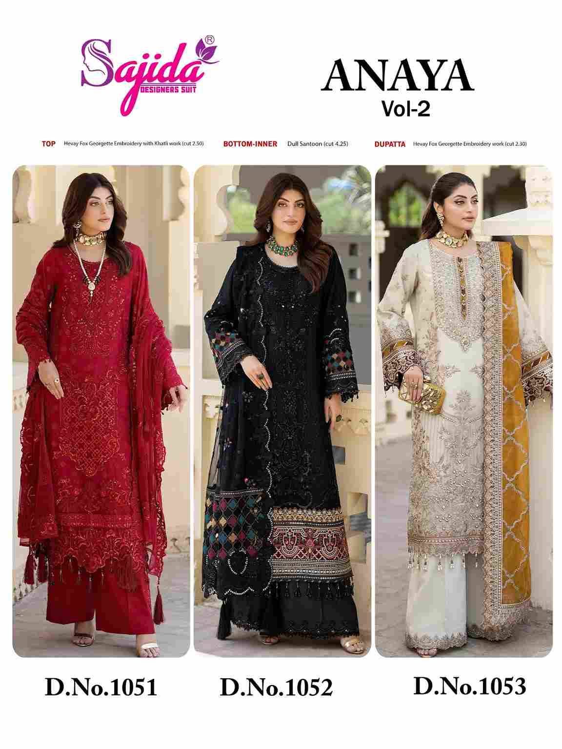 Anaya Vol-2 By Sajida Designer Suit 1051 To 1053 Series Designer Pakistani Suits Beautiful Fancy Stylish Colorful Party Wear & Occasional Wear Faux Georgette With Embroidery Dresses At Wholesale Price
