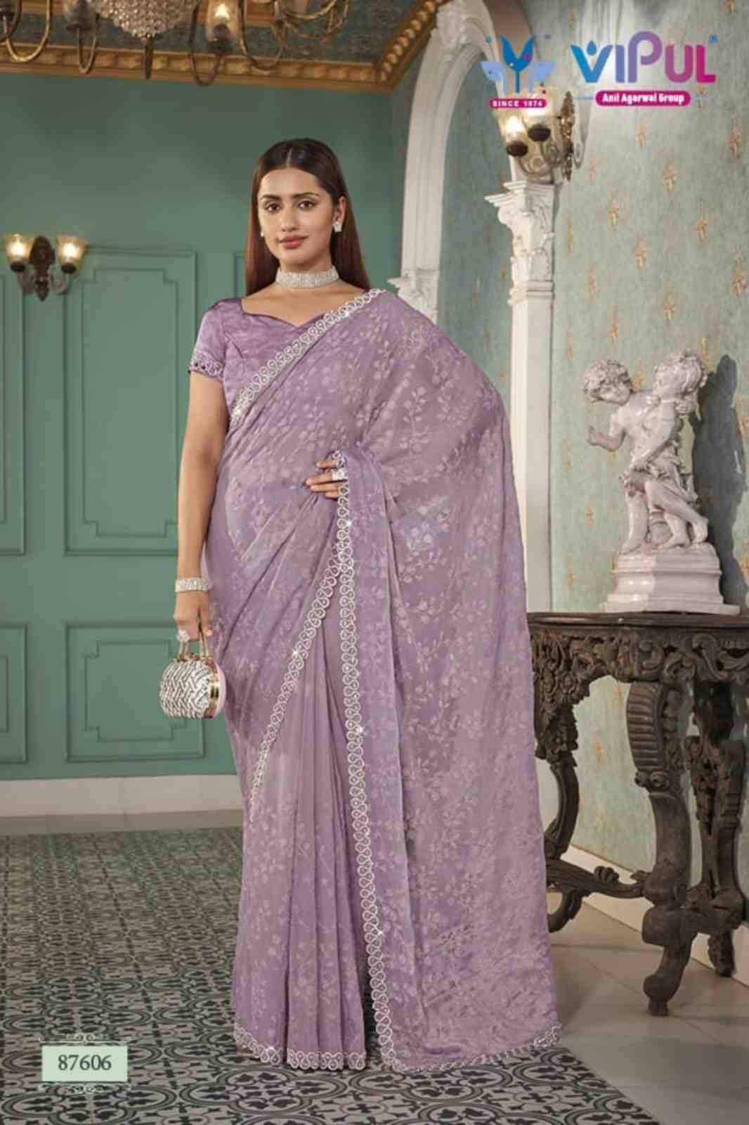 Jashn By Vipul Fashion 87606 To 87611 Series Indian Traditional Wear Collection Beautiful Stylish Fancy Colorful Party Wear & Occasional Wear Chiffon Sarees At Wholesale Price