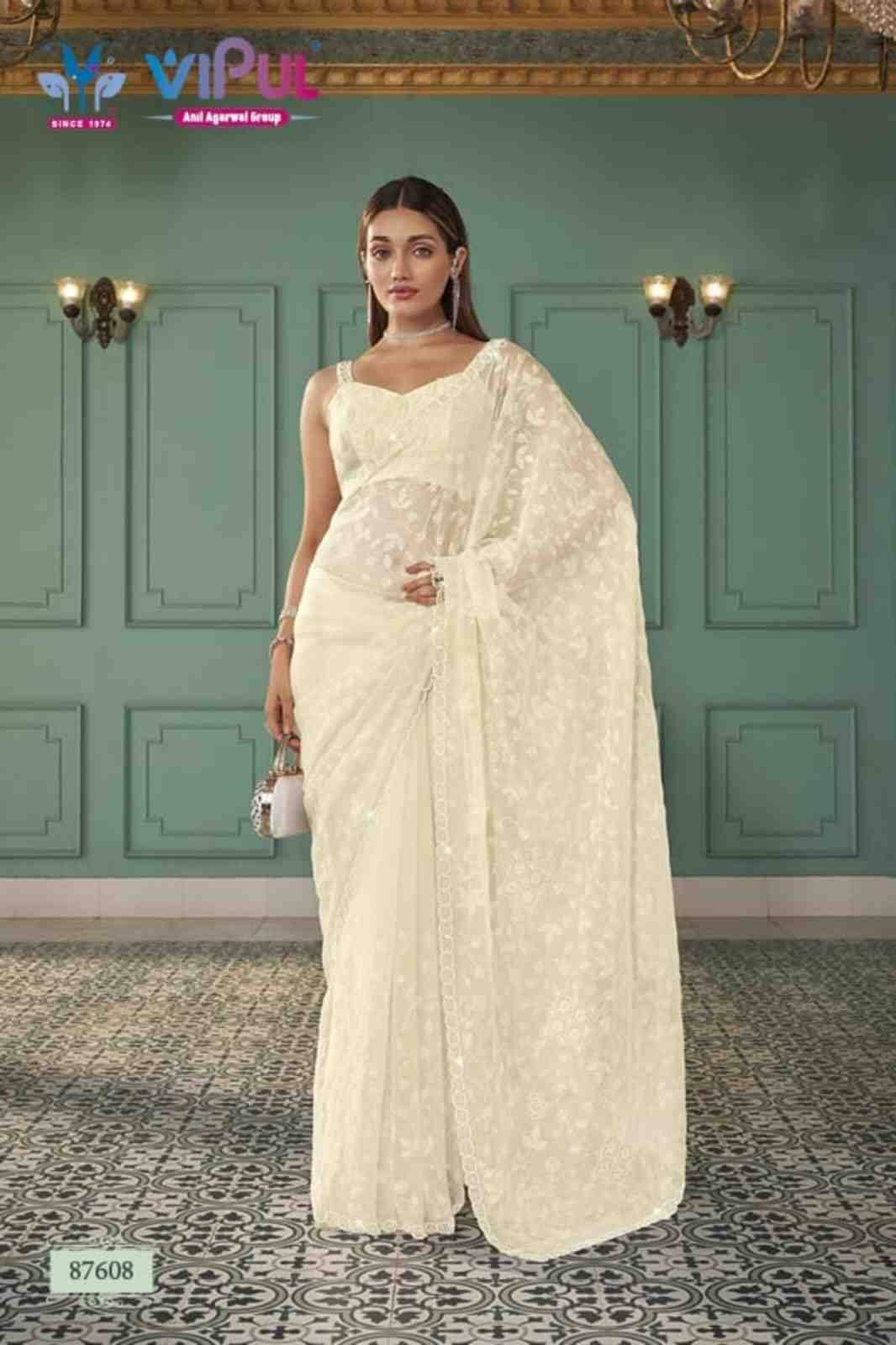 Jashn By Vipul Fashion 87606 To 87611 Series Indian Traditional Wear Collection Beautiful Stylish Fancy Colorful Party Wear & Occasional Wear Chiffon Sarees At Wholesale Price