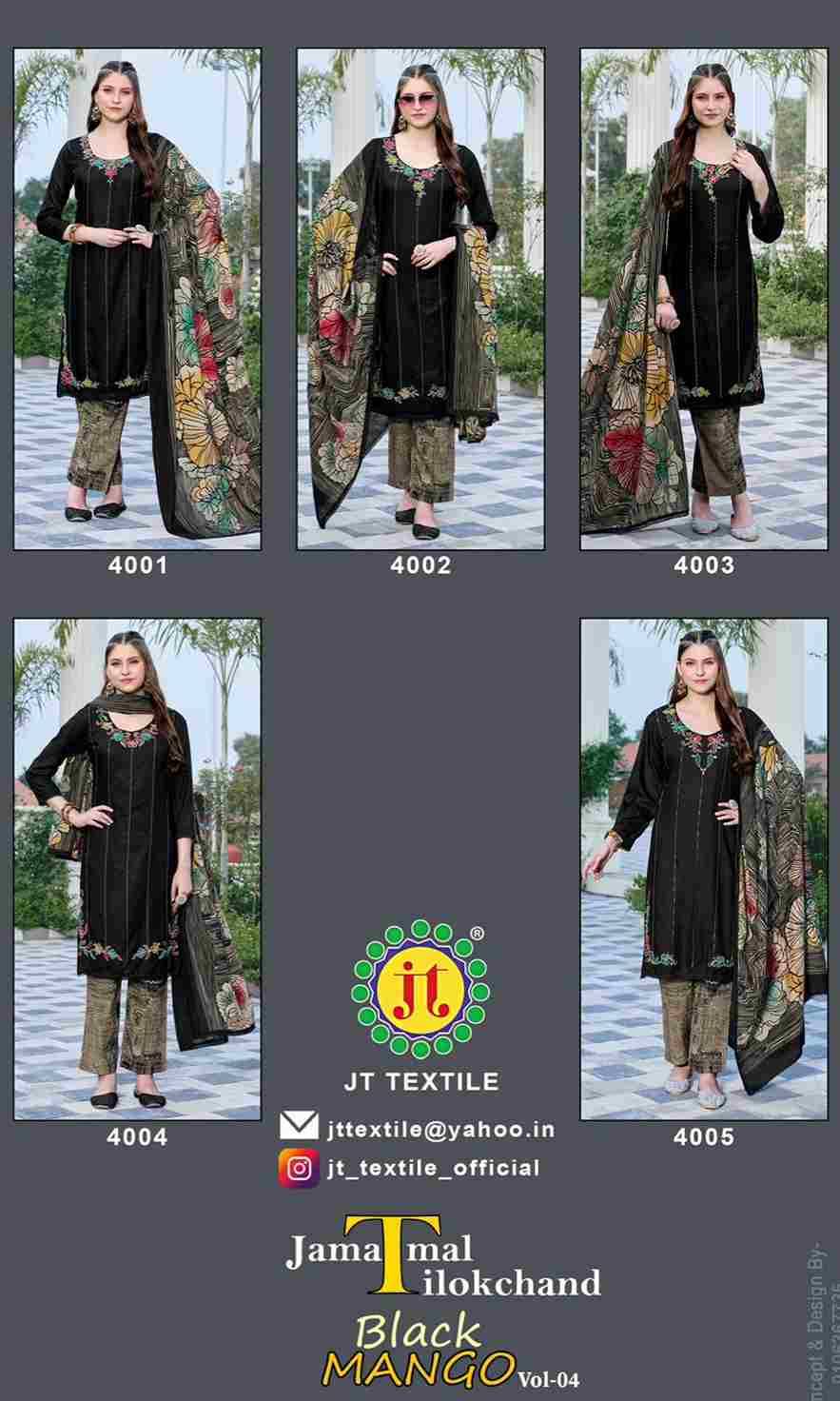 Black Mango Vol-4 By JT 4001 To 4005 Series Beautiful Festive Suits Colorful Stylish Fancy Casual Wear & Ethnic Wear Rayon Dresses At Wholesale Price