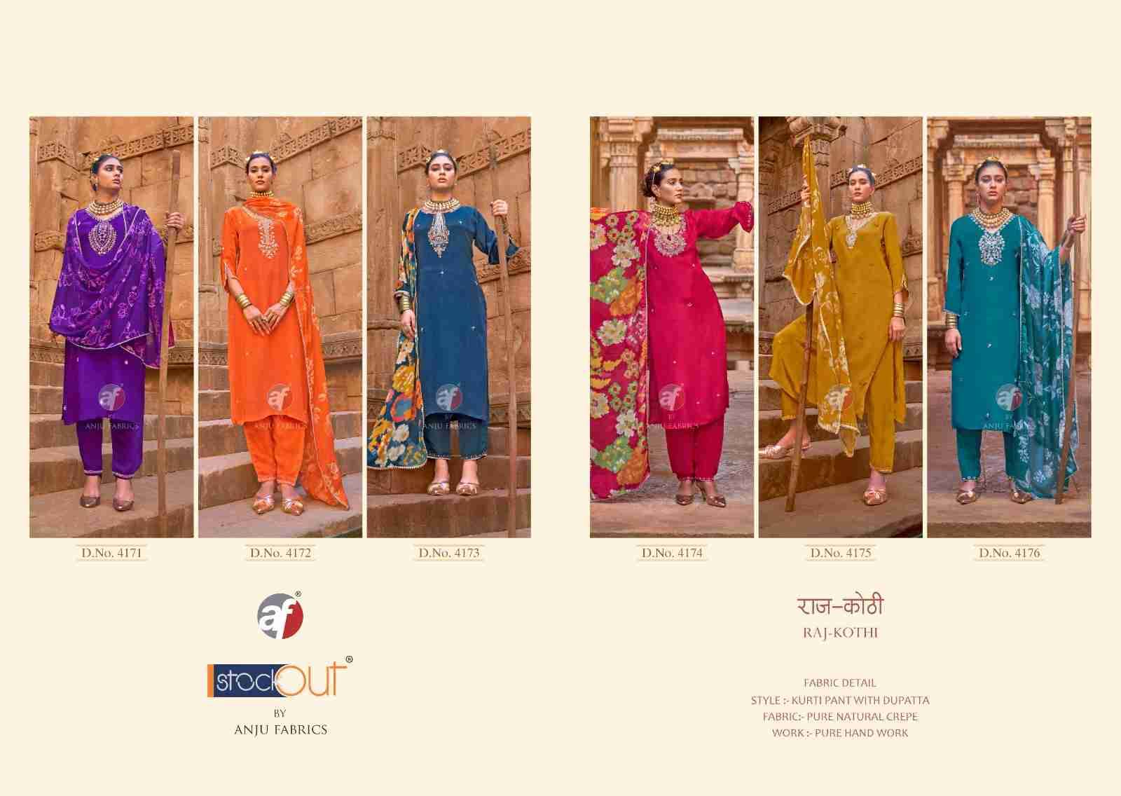 Raj-Kothi By Anju Fabrics 4171 To 4176 Series Designer Festive Suits Collection Beautiful Stylish Fancy Colorful Party Wear & Occasional Wear Natural Crepe Dresses At Wholesale Price