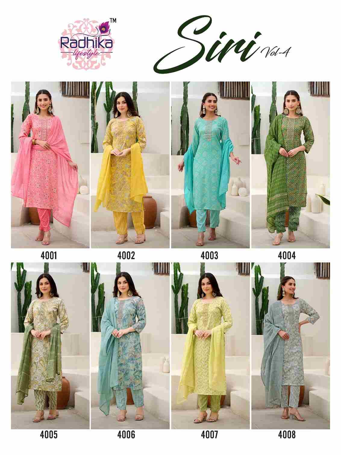 Siri Vol-4 By Radhika Lifestyle 4001 To 4008 Series Beautiful Festive Suits Colorful Stylish Fancy Casual Wear & Ethnic Wear Rayon Print With Work Dresses At Wholesale Price