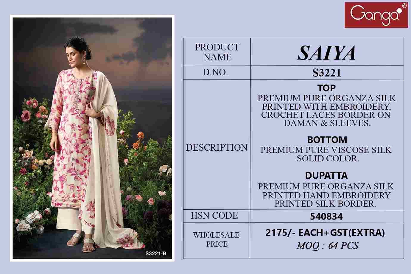 Saiya-3221 By Ganga Fashion 3221-A To 3221-B Series Beautiful Festive Suits Colorful Stylish Fancy Casual Wear & Ethnic Wear Pure Organza Silk Dresses At Wholesale Price