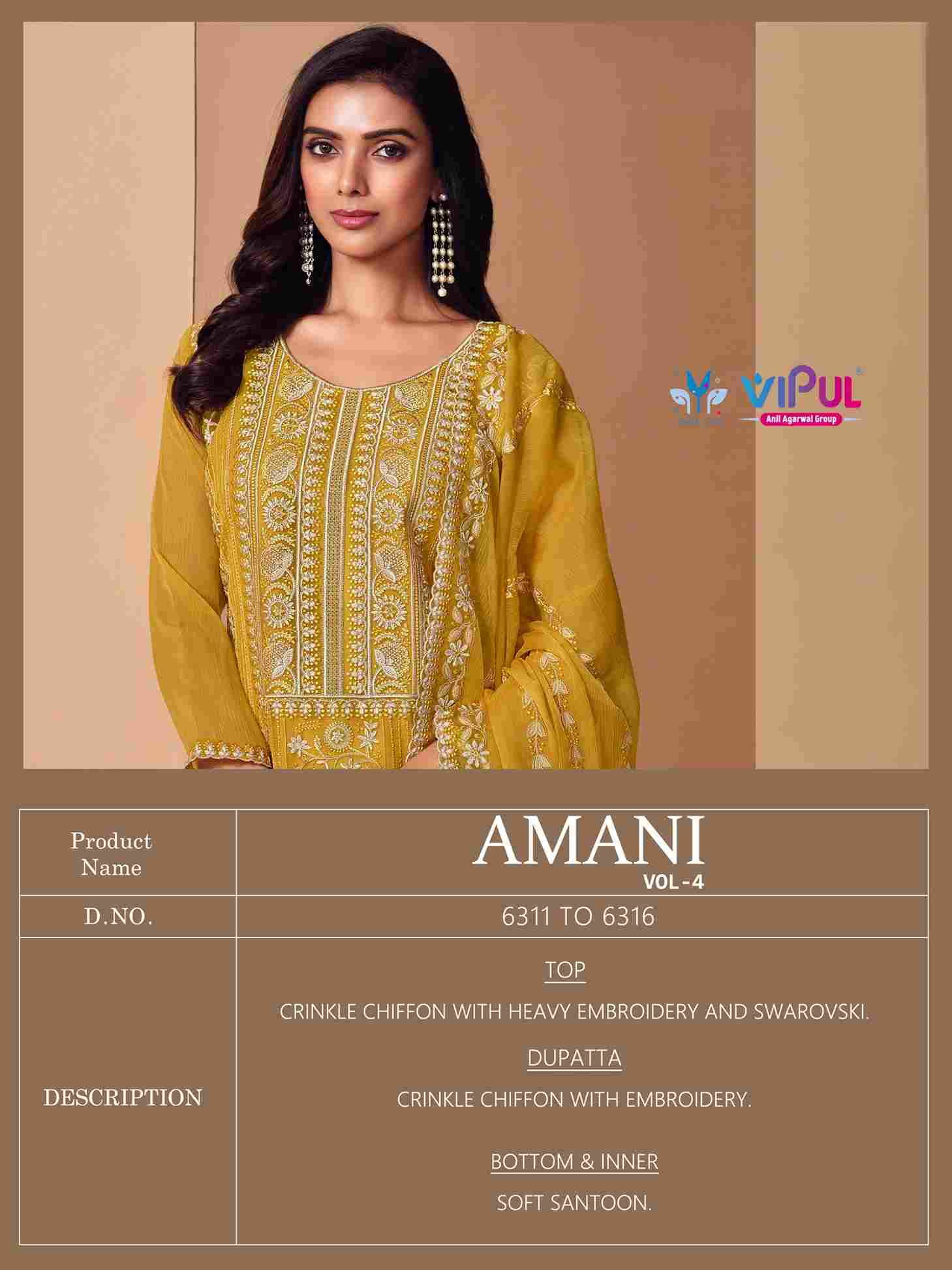 Amani Vol-4 By Vipul Fashion 6311 To 6316 Series Designer Festive Suits Beautiful Fancy Stylish Colorful Party Wear & Occasional Wear Chiffon With Embroidery Dresses At Wholesale Price